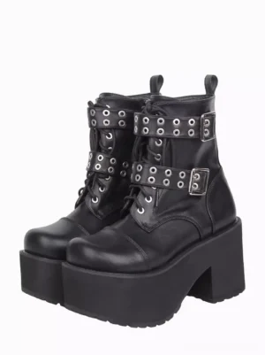 Black gothic lolita platform ankle boots front three-quarter paired view with double metal buckle straps and chunky platform heel on white background