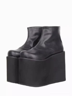 Black gothic lolita platform ankle boots front view featuring round closed toe and smooth PU leather upper with ultra-high wedge sole