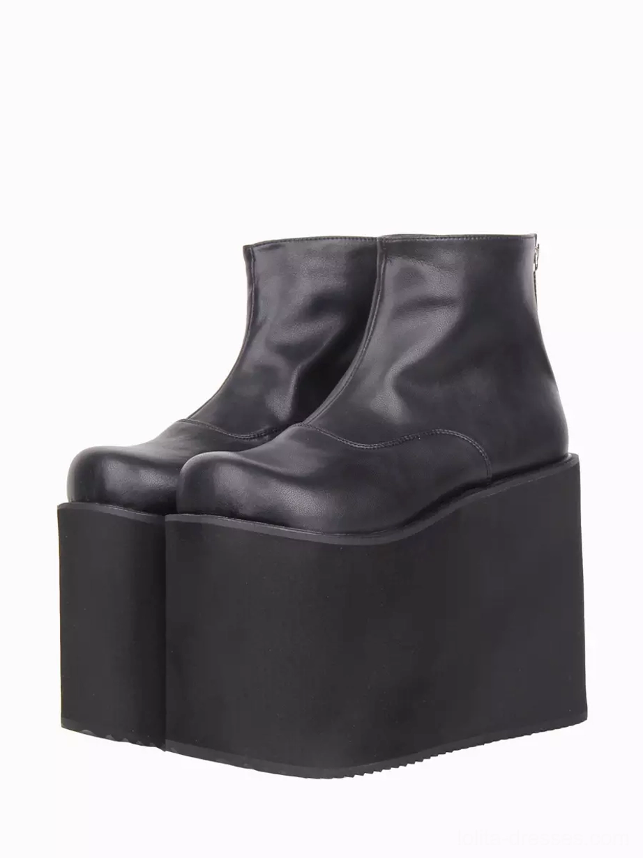 Black gothic lolita platform ankle boots front view featuring round closed toe and smooth PU leather upper with ultra-high wedge sole