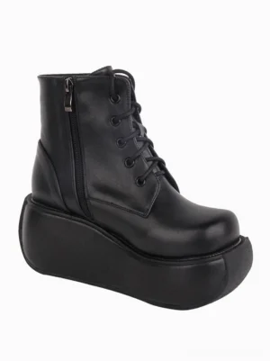 Single black Gothic Lolita combat-style platform boot side three-quarter perspective displaying built-in side zipper, lace-up closure system, and matte black finish details