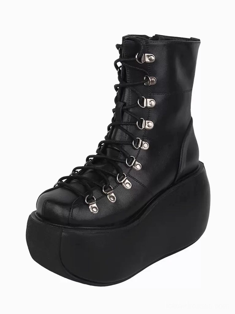 Single black gothic lolita platform boot right side front three-quarter showing ultra thick platform sole and lace-up design