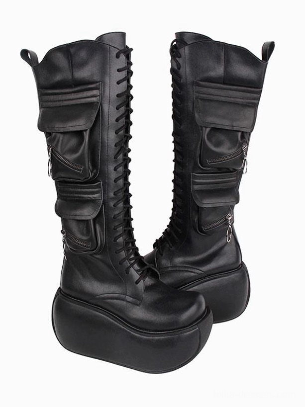 Paired black gothic lolita platform boots shown from back three-quarter angle featuring curved boot collar dual cargo pockets and thick platform base construction