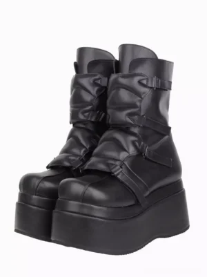 Black Gothic Lolita platform boots front three-quarter view pair buckle straps wedge heel