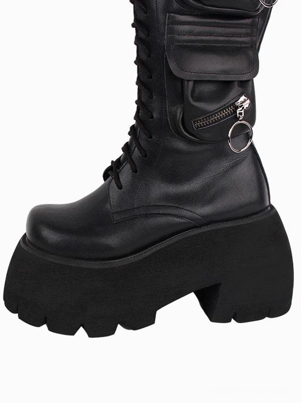 Black Gothic Lolita platform boots front left close-up view highlighting single zippered cargo pocket with metal ring chunky platform sole and front lace-up detail