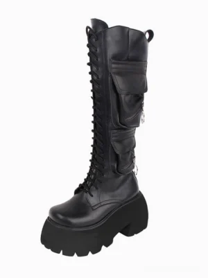 Black Gothic Lolita platform boots left front three-quarter view showing round toe and front lace-up design with dual cargo pockets and metal zipper rings on plain white background