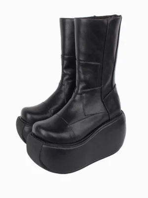 Black Gothic Lolita platform boots front three-quarter view showing chunky wedge sole, round closed toe, stitched PU leather upper, and mid-calf height on white background