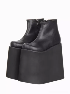 Black Gothic Lolita platform boots front three-quarter view showing round toe design, side metal zipper, and ultra-thick 18cm wedge sole