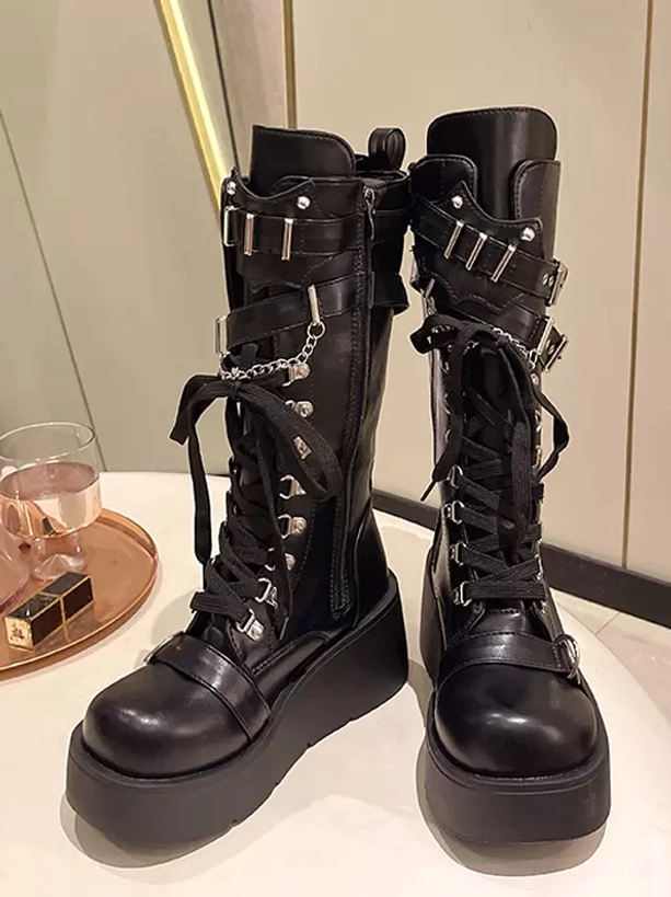 Front static display pair black gothic lolita platform mid-calf boots with metal chains buckles round toe sole tabletop styling