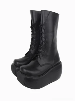 Black Gothic Lolita platform boots front three-quarter view paired shoes round toe thick chunky platform sole lace-up mid-calf design