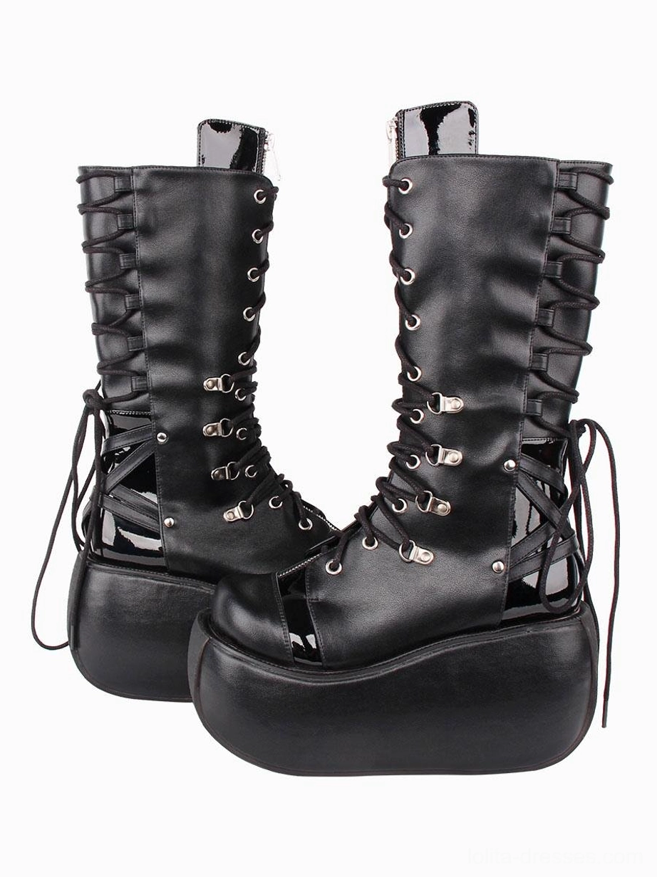 Black gothic lolita platform boots right side front three-quarter view highlighting full front lace-up corset design, thick platform sole, polished silver metal hardware and grommet detailing