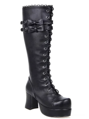 Black Gothic Lolita platform boots with front lace-up closure, decorative bow ankle strap, and high platform sole - front three-quarter view showing details