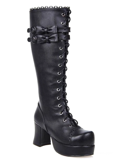 Black Gothic Lolita platform boots with front lace-up closure, decorative bow ankle strap, and high platform sole - front three-quarter view showing details