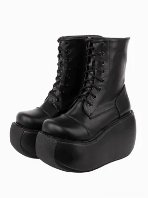 black gothic lolita platform boots with lace-up design metal grommets round toe thick wedge sole alternate colorway