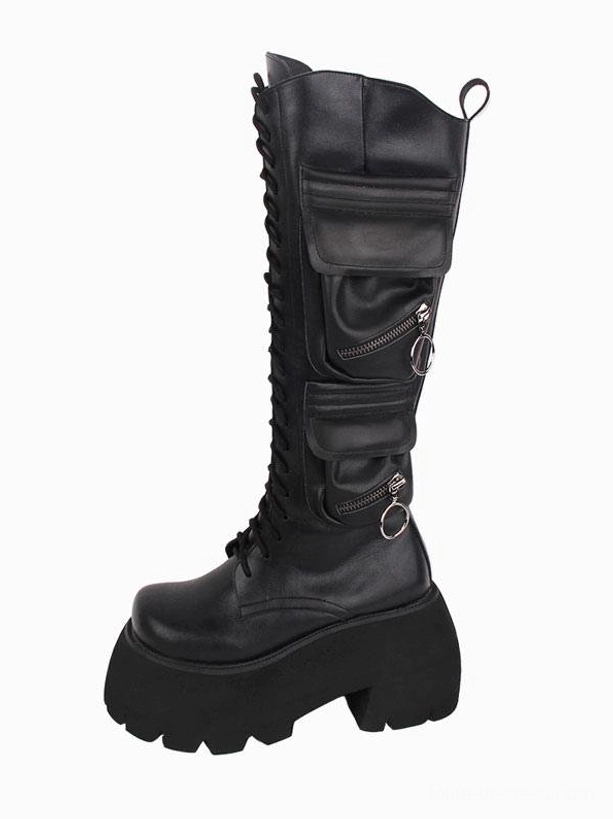 Black Gothic Lolita platform boots left side profile view featuring front lace-up closure cargo zipper pockets pull tab at boot collar and thick lug sole