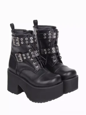 Gothic lolita ankle boots side paired view showing black PU leather, dual metal buckle straps with eyelets, and visible lace-up fastening system