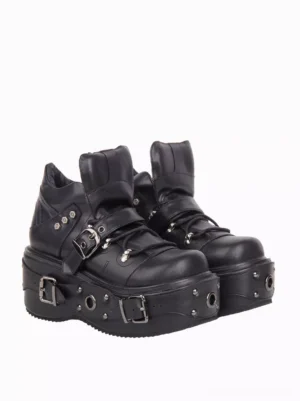 Black Gothic Lolita platform boots side three-quarter angle showcasing multiple metal buckle straps and studded platform sole detail