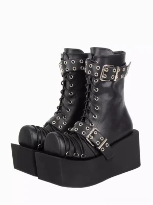 Black Gothic Lolita platform boots with metal grommets and square toe front three-quarter view