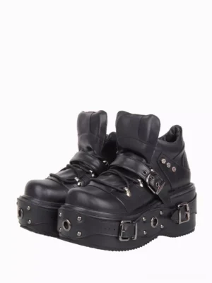 Black Gothic Lolita platform ankle boots front three-quarter view showing matte PU leather construction with metal rivets and thick wedge sole