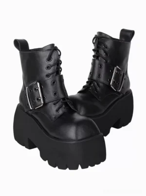Black gothic lolita platform boots with metallic grommets and square toe, paired three-quarter side view, featuring silver buckle strap and lace-up front design with chunky lug sole