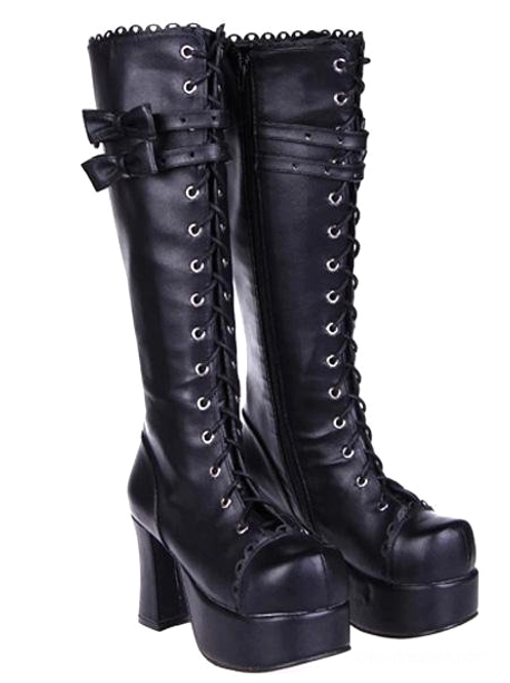 Black Gothic Lolita knee-high platform boots pair with matte black PU leather, side bow ankle straps, lace-up closures, and chunky platform heel - front-side paired view