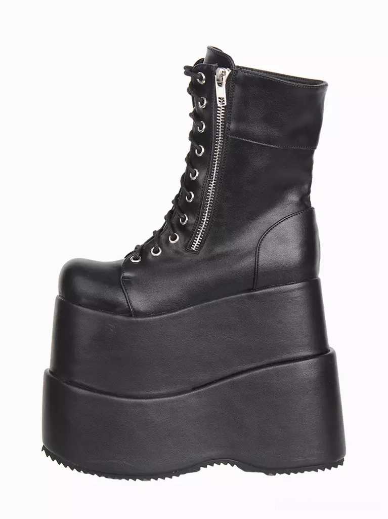 Single black gothic lolita platform boot left three-quarter front angle showing smooth PU leather finish and high wedge platform