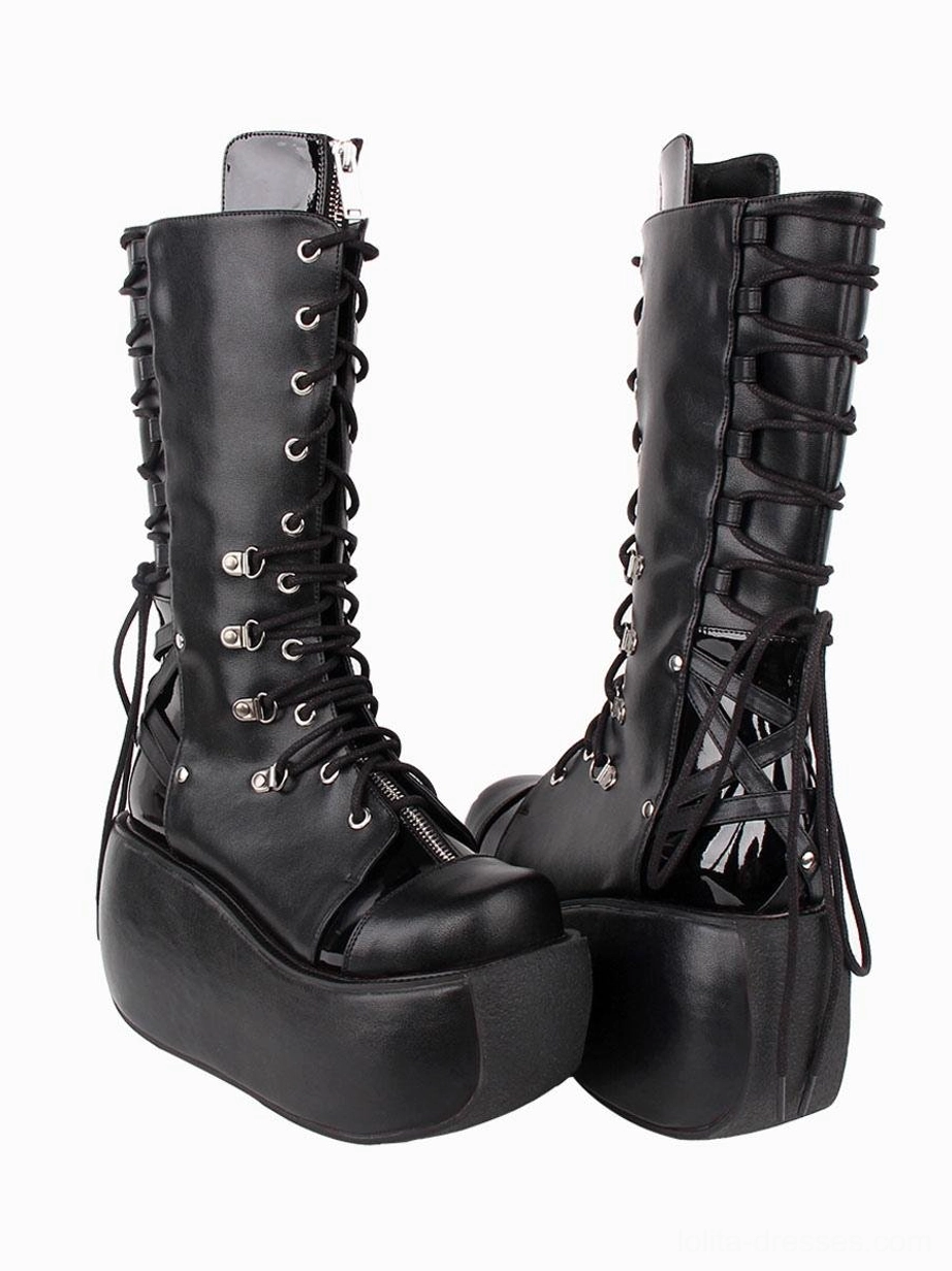 Black gothic lolita platform boots back view showcasing rear lace-up cutout design, thick chunky platform sole, smooth polished leather finish