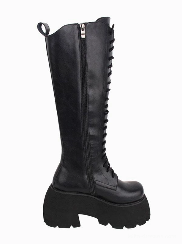 Black Gothic Lolita platform boots right side full view showing side zipper closure round toe front lace-up design and plain smooth PU upper