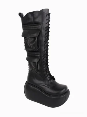 Single black gothic lolita platform boot displayed from right side three-quarter angle showing tall lace-up shaft dual zippered side pockets and thick platform sole