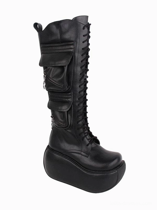 Single black gothic lolita platform boot displayed from right side three-quarter angle showing tall lace-up shaft dual zippered side pockets and thick platform sole