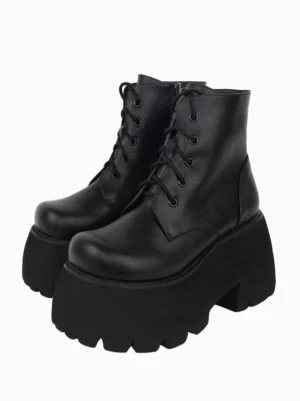 Black gothic lolita platform ankle boots front view double pair display with round toe lace-up design and thick lug sole