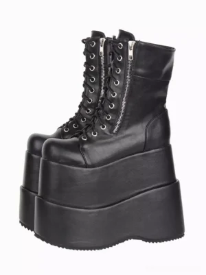 Black gothic lolita platform boots front three-quarter view showing round toe, dual-layer wedge sole, and lace-up front with side zipper fastening