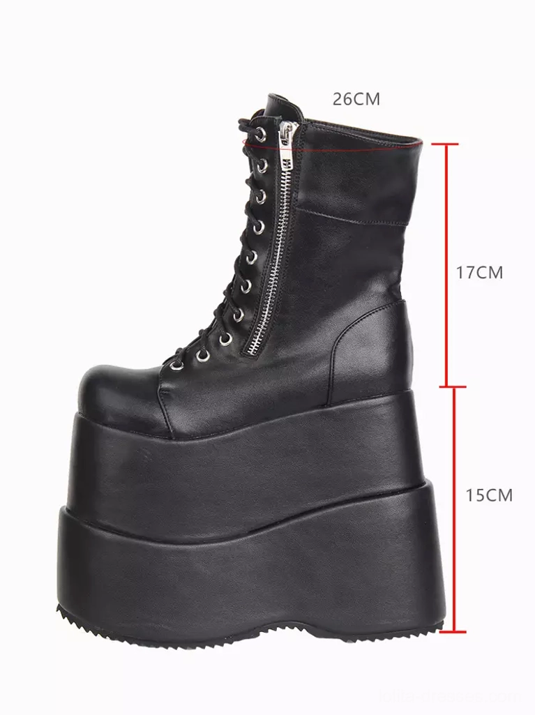Black gothic lolita platform boot right side profile with dimension markers highlighting layered wedge sole structure