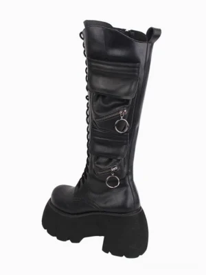 Black Gothic Lolita platform boots right side profile view displaying chunky block platform heel and smooth PU leather upper with zippered cargo pockets