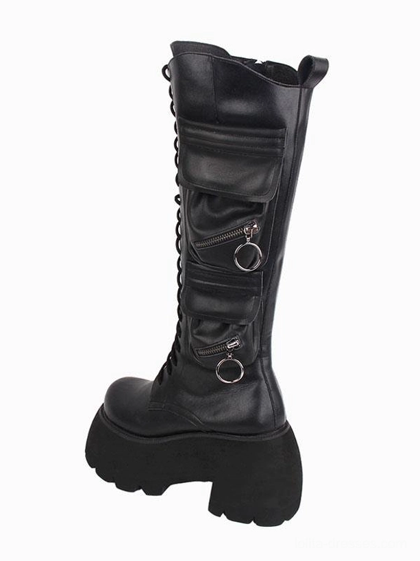 Black Gothic Lolita platform boots right side profile view displaying chunky block platform heel and smooth PU leather upper with zippered cargo pockets