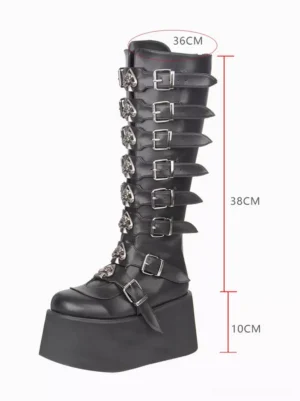 Side profile view of single black gothic lolita platform boot measuring 38cm total height with 10cm platform, displaying mid-calf shaft and wedge heel construction