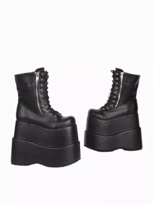 Black gothic lolita boots side profile displaying lace eyelets, side zipper design, and architectural wedge platform heel construction