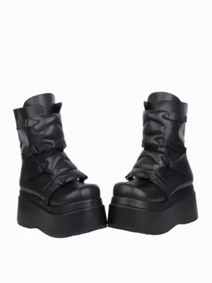 Black Gothic Lolita platform boots side three-quarter view pair matte leather chunky heel