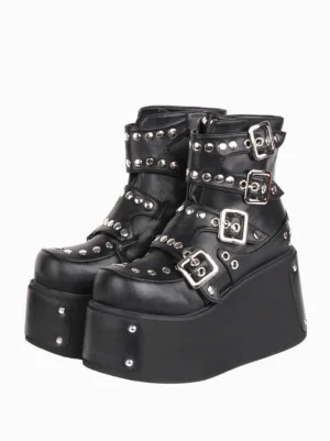 Black Gothic Lolita platform boots with silver grommets and metal buckle straps front three-quarter view round toe wedge heel