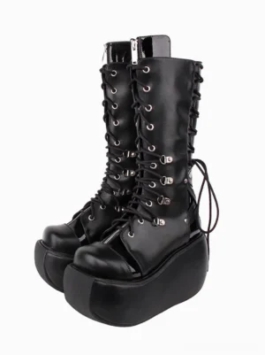 Black gothic lolita platform boots front view with silver grommets and lace-up corset design, chunky platform sole, polished metal hardware