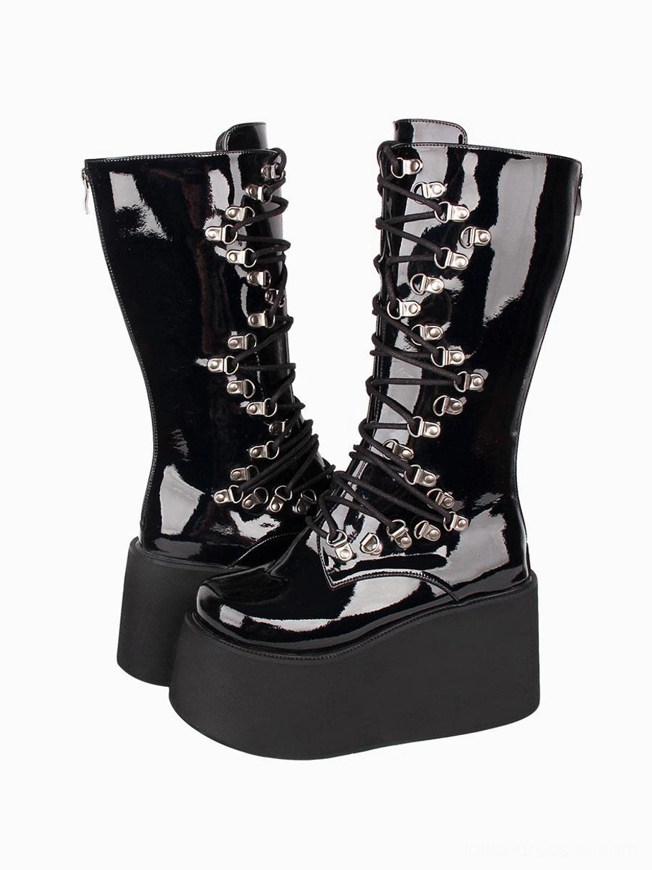 Black Gothic Lolita lace-up platform boots mixed angle view left side and right front showcasing black shiny PU leather and metal lace fixtures
