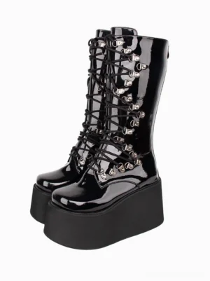Black Gothic Lolita platform boots with silver metal grommets and lace-up design front full view showcasing round toe cap and thick wedge sole