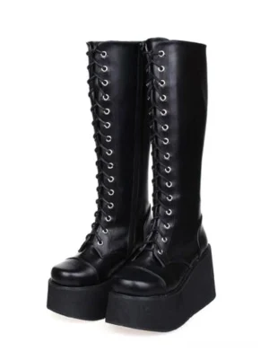 Black gothic lolita platform boots three-quarter front angle display showing chunky wedge heel and lace-up closure