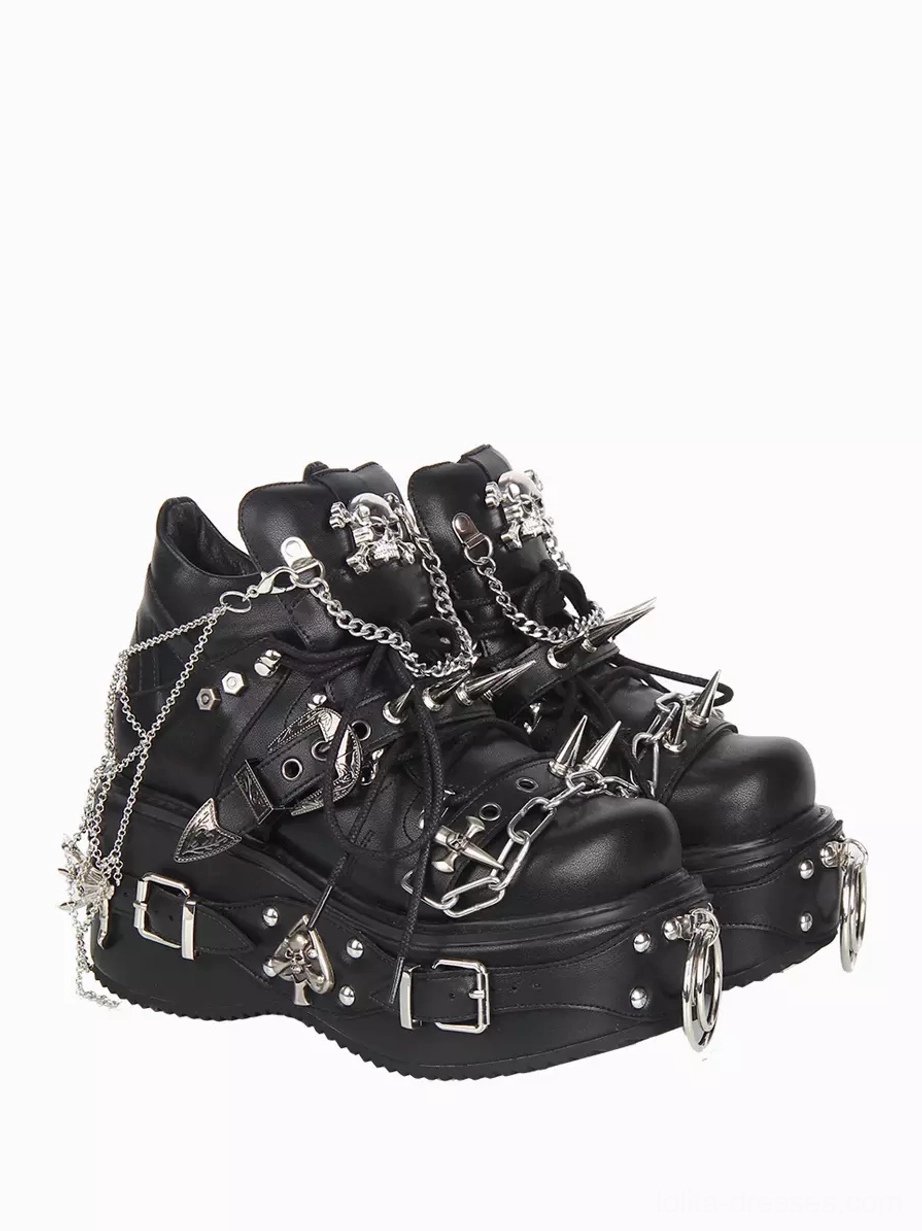 Black Gothic Lolita platform pumps with dense silver metal chains spikes and skull decorations front three-quarter view