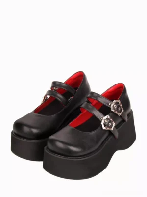 Black gothic lolita platform pumps Mary Jane style with dual silver buckles front three-quarter view pair shoes