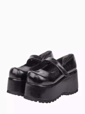 Black gothic lolita wedge platform pumps paired view front side mary jane strap round toe serrated sole