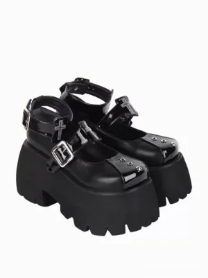 Alternative front angle black gothic lolita wedge pumps metal rivets decorative cross details chunky lug sole double shoe