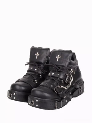 Black gothic lolita platform pumps front flat pair display showing silver cross embellishment studded sole buckle straps and metal chain details on white background