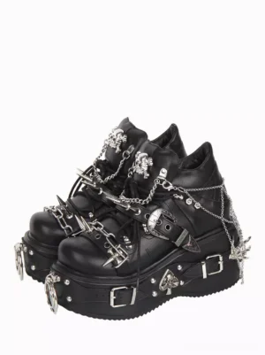 Black Gothic Lolita platform pumps with silver skull spikes chains and buckle details front three-quarter view