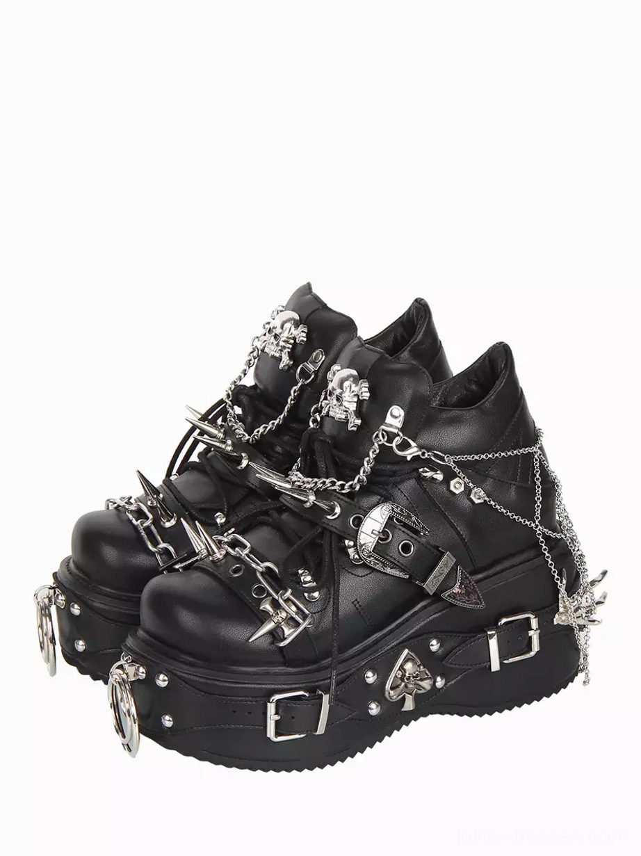 Black Gothic Lolita platform pumps with silver skull spikes chains and buckle details front three-quarter view