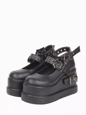 Black Gothic Lolita platform pumps pair front display view featuring round toe skull buckle straps and thick wedge sole